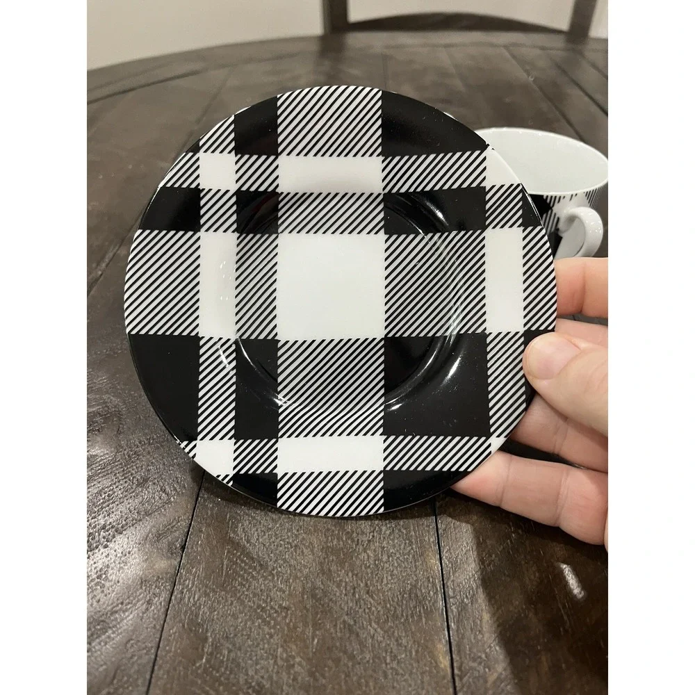 Fitz & Floyd Black and White Plaid Buffalo‎ Check Cup & Saucer Porcelain